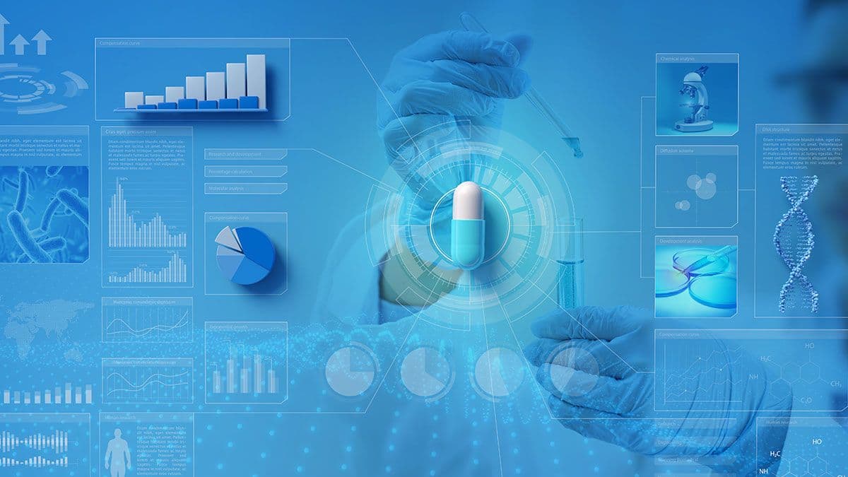 Medicine capsule, diagram, chart and infographics in blue background. 3d illustration. Concept of pharmaceutics research and development. | ©Paulista - stock.adobe.com