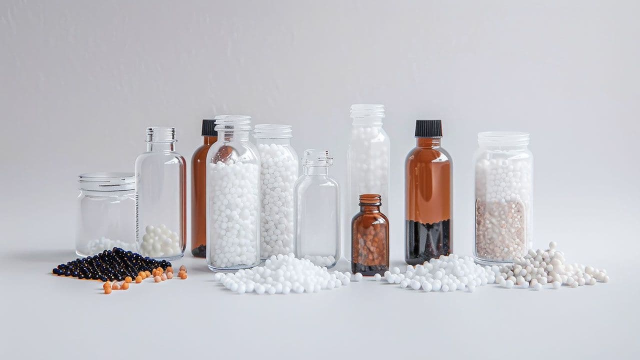 Various bottles and containers filled with different types of medicated pellets displayed neatly on a light background. | Image Credit: ©VK Studio