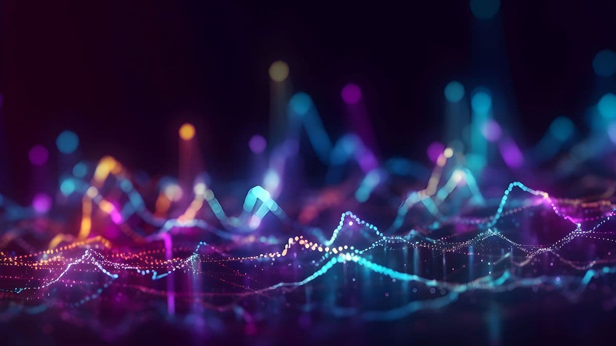 Music abstract background. Molecular background with DNA. Network with connecting dots and lines. Big data visualization. Sound wave. 3d rendering. | DavidGalih | Dikomo. - stock.adobe.com