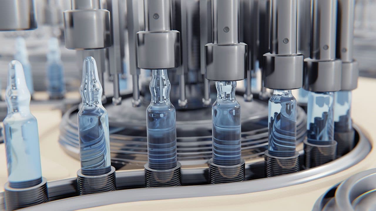 Concept health and beauty. Close-up of Medical Ampoule Production Line at Modern Modern Pharmaceutical Factory. Glass Ampoules are being Filled. Medication Manufacturing Process.  | Image Credit: ©volodyar - stock.adobe.com