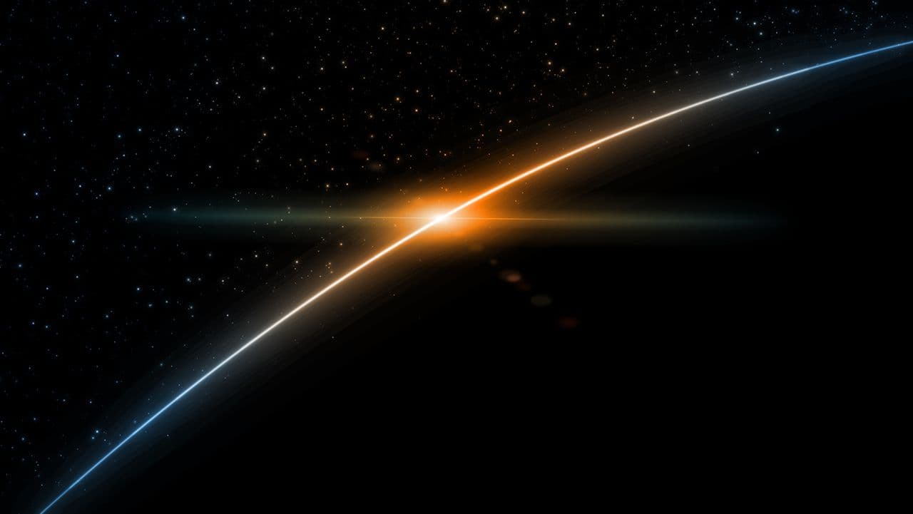 3D Rendering of earth from space with run rising and ray light flare at horizon among glowing stars in galaxy. For wallpaper, sci fi, science or technology background | Image Credit: © knssr – Stock.adobe.com