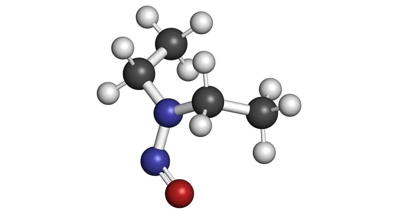 N-Nitroso-diethylamine or NDEA carcinogenic molecule. 3D rendering. | Image Credit: ©Studio Molekuul/Wirestock - stock.adobe.com