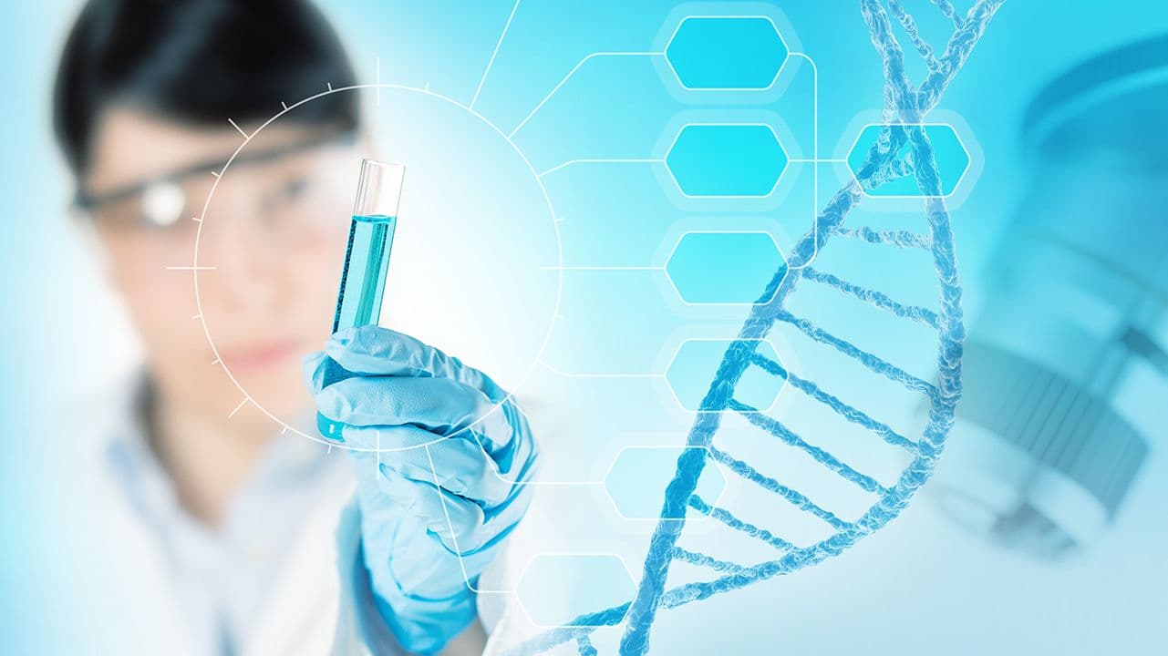 Image of scientist with test tube and DNA helix